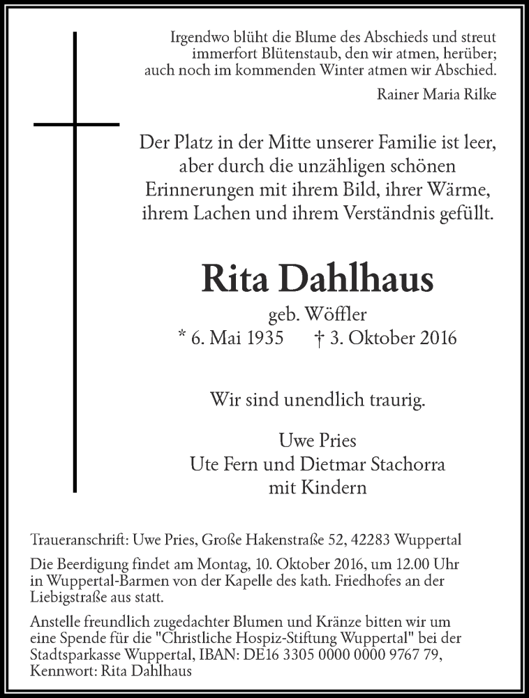  Traueranzeige für Rita Dahlhaus vom 08.10.2016 aus trauer.wuppertaler-rundschau.de