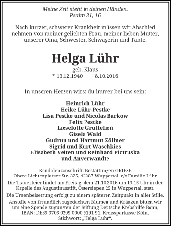 Traueranzeige von Helga Lühr von trauer.wuppertaler-rundschau.de