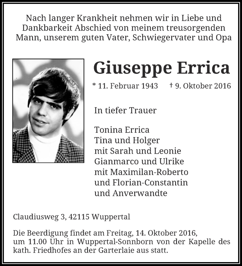  Traueranzeige für Giuseppe Errica vom 12.10.2016 aus trauer.wuppertaler-rundschau.de