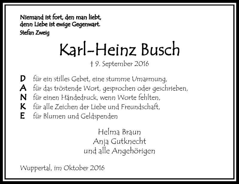  Traueranzeige für Karl-Heinz Busch vom 22.10.2016 aus trauer.wuppertaler-rundschau.de
