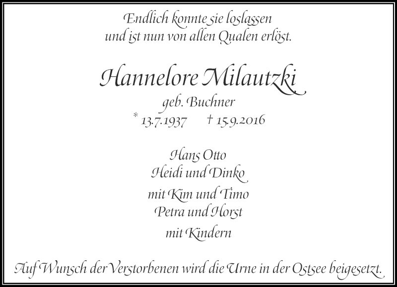  Traueranzeige für Hannelore Milautzki vom 21.09.2016 aus trauer.wuppertaler-rundschau.de