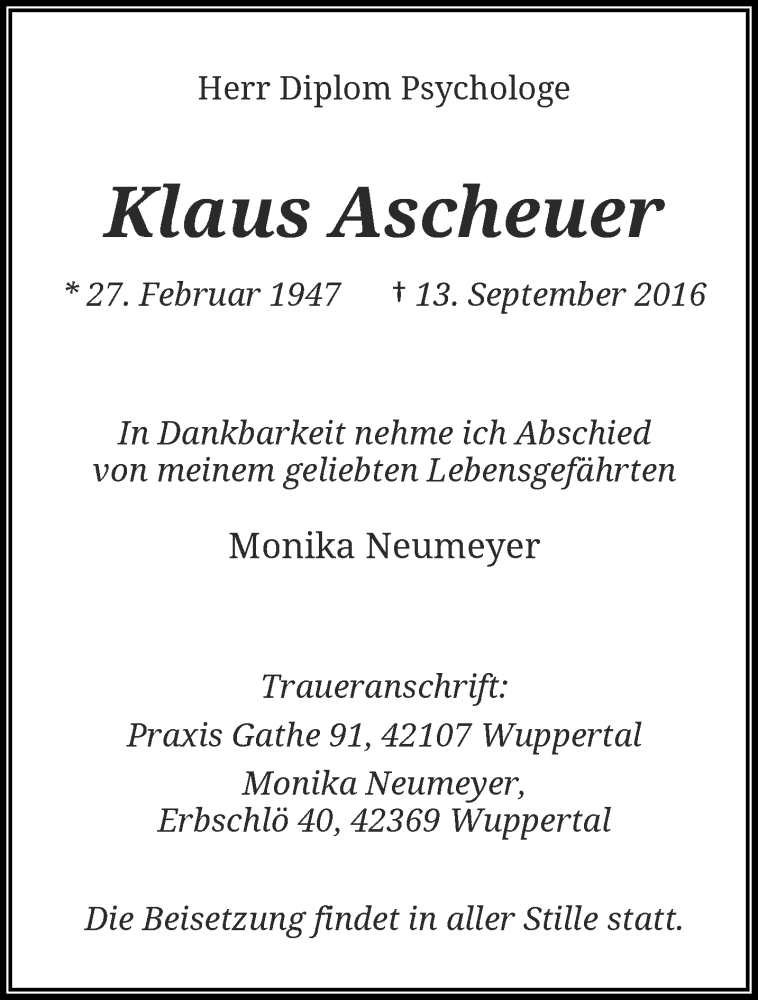  Traueranzeige für Klaus Ascheuer vom 28.09.2016 aus trauer.wuppertaler-rundschau.de