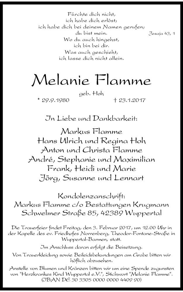  Traueranzeige für Melanie Flamme vom 28.01.2017 aus trauer.wuppertaler-rundschau.de