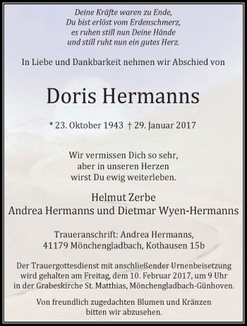 Traueranzeige von Doris Hermanns von trauer.extra-tipp-moenchengladbach.de