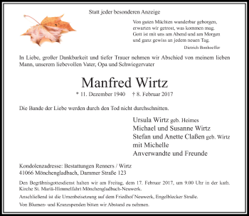 Traueranzeige von Manfred Wirtz von trauer.extra-tipp-moenchengladbach.de