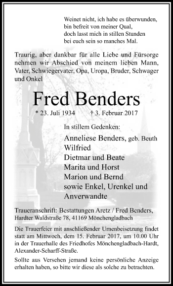 Traueranzeige von Fred Benders von trauer.extra-tipp-moenchengladbach.de