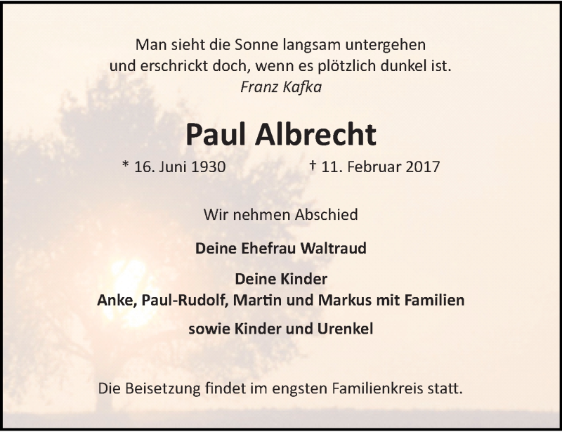  Traueranzeige für Paul Albrecht vom 19.02.2017 aus trauer.extra-tipp-moenchengladbach.de