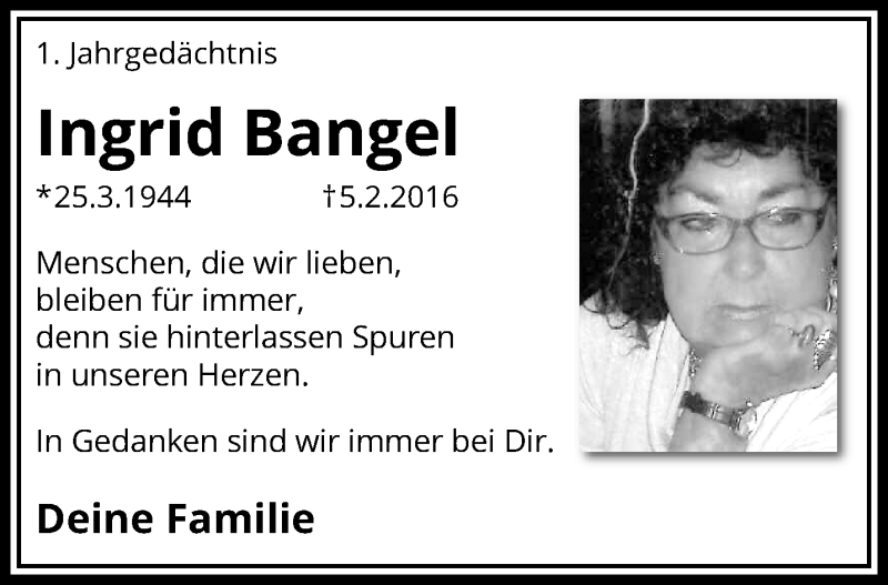  Traueranzeige für Ingrid Bangel vom 05.02.2017 aus trauer.mein.krefeld.de