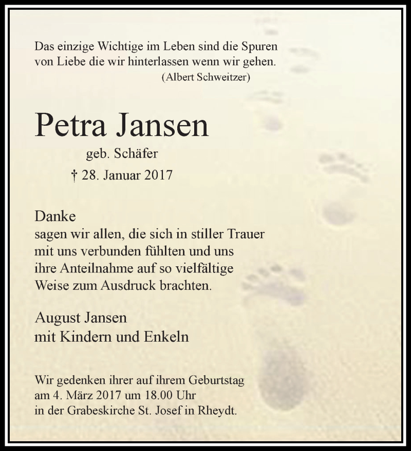  Traueranzeige für Petra Jansen vom 26.02.2017 aus trauer.extra-tipp-moenchengladbach.de