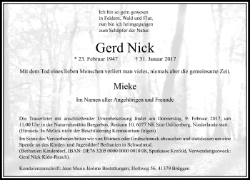 Traueranzeige von Gerd Nick von trauer.extra-tipp-moenchengladbach.de