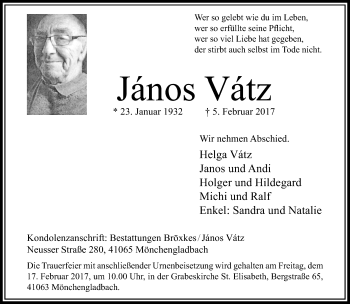 Traueranzeige von Janos Vatz von trauer.extra-tipp-moenchengladbach.de