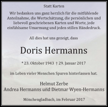 Traueranzeige von Doris Hermanns von trauer.extra-tipp-moenchengladbach.de