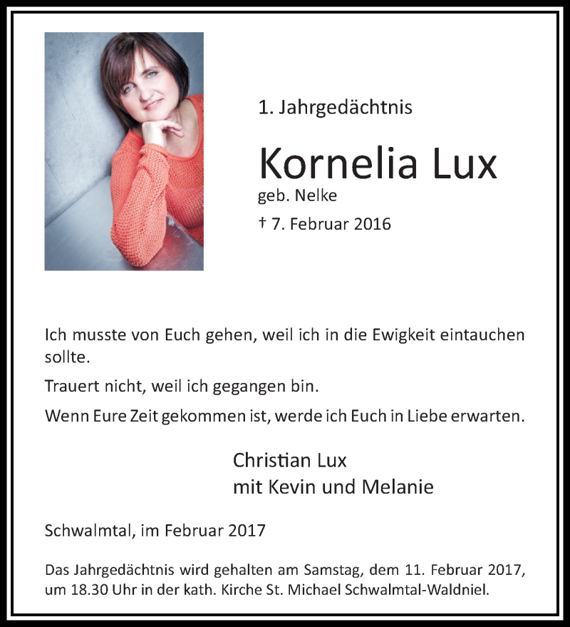  Traueranzeige für Kornelia Lux vom 08.02.2017 aus trauer.extra-tipp-moenchengladbach.de