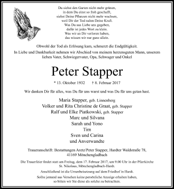 Traueranzeige von Peter Stapper von trauer.extra-tipp-moenchengladbach.de