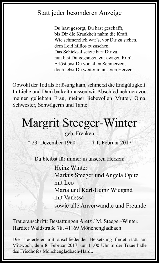  Traueranzeige für Margrit Steeger-Winter vom 05.02.2017 aus trauer.extra-tipp-moenchengladbach.de