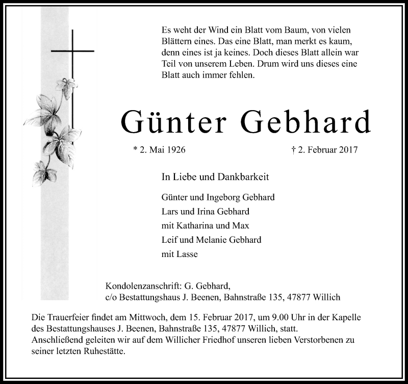  Traueranzeige für Günter Gebhard vom 08.02.2017 aus trauer.extra-tipp-moenchengladbach.de