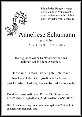 Traueranzeige von Anneliese Schumann von trauer.extra-tipp-moenchengladbach.de