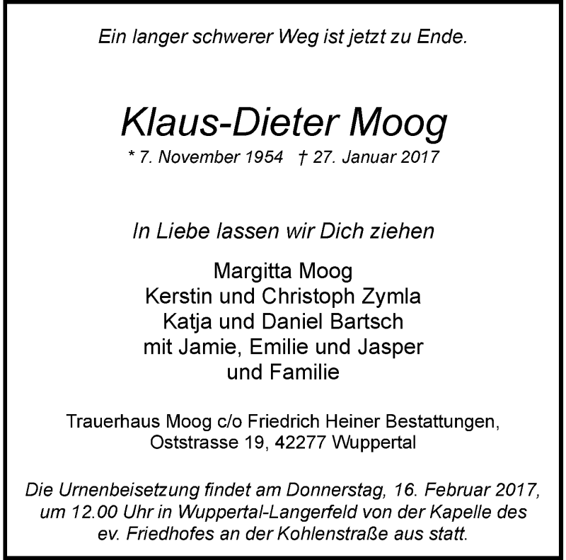  Traueranzeige für Klaus-Dieter Moog vom 11.02.2017 aus trauer.wuppertaler-rundschau.de