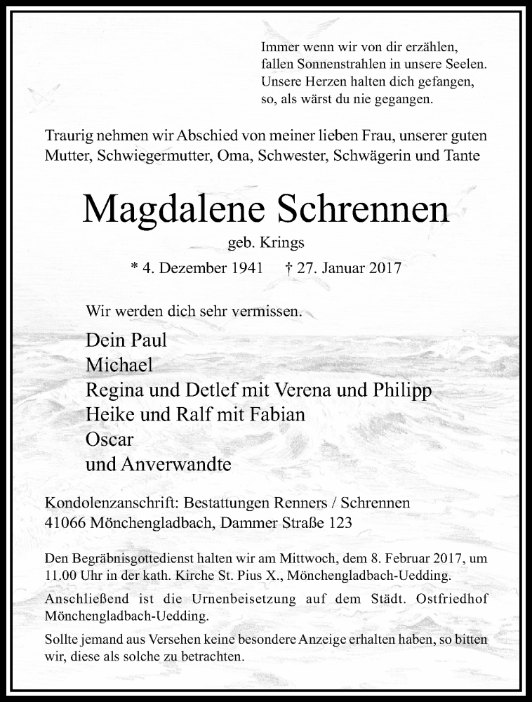  Traueranzeige für Magdalene Schrennen vom 05.02.2017 aus trauer.extra-tipp-moenchengladbach.de