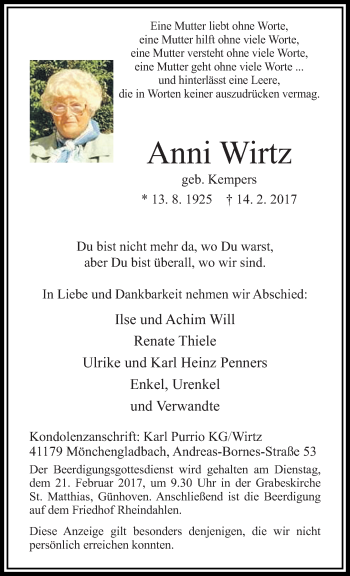 Traueranzeige von Anni Wirtz von trauer.extra-tipp-moenchengladbach.de