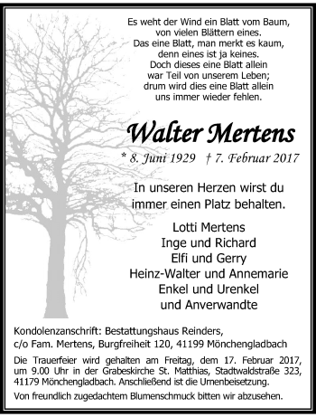Traueranzeige von Walter Mertens von trauer.extra-tipp-moenchengladbach.de