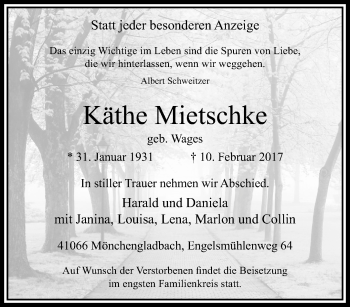 Traueranzeige von Käthe Mietschke von trauer.extra-tipp-moenchengladbach.de