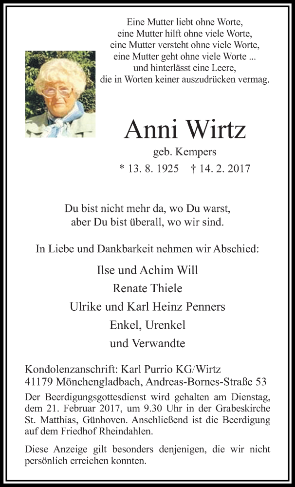  Traueranzeige für Anni Wirtz vom 19.02.2017 aus trauer.extra-tipp-moenchengladbach.de