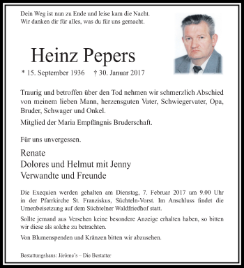 Traueranzeige von Heinz Pepers von trauer.extra-tipp-moenchengladbach.de