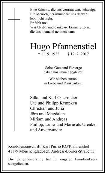 Traueranzeige von Hugo Pfannenstiel von trauer.extra-tipp-moenchengladbach.de