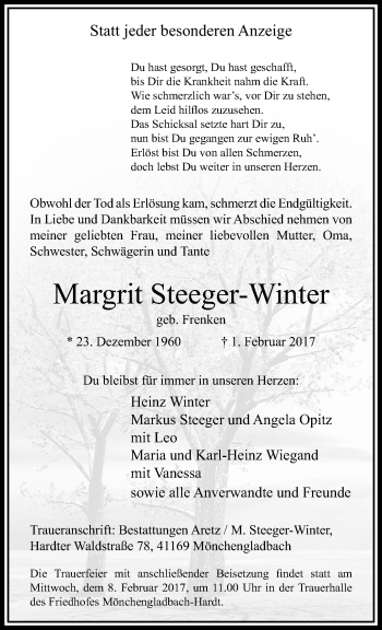 Traueranzeige von Margrit Steeger-Winter von trauer.extra-tipp-moenchengladbach.de