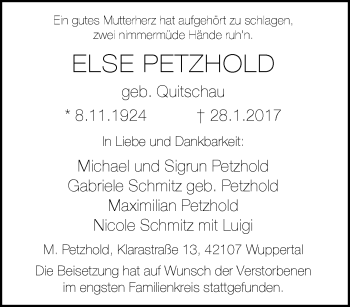 Traueranzeige von Else Petzhold von trauer.wuppertaler-rundschau.de