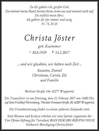 Traueranzeige von Christa Jöster von trauer.wuppertaler-rundschau.de