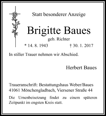 Traueranzeige von Brigitte Baues von trauer.extra-tipp-moenchengladbach.de