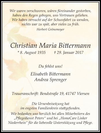Traueranzeige von Christian Maria Bittermann von trauer.extra-tipp-moenchengladbach.de