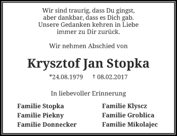Traueranzeige von Krysztof Jan Stopka von trauer.wuppertaler-rundschau.de