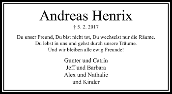 Traueranzeige von Andreas Hendrix von trauer.extra-tipp-moenchengladbach.de