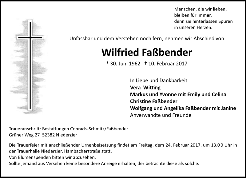  Traueranzeige für Wilfried Faßbender vom 18.02.2017 aus trauer.stadt-kurier.de