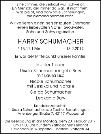 Traueranzeige von Harry Schumacher von trauer.wuppertaler-rundschau.de