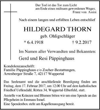 Traueranzeige von Hildegard Thorn von trauer.wuppertaler-rundschau.de