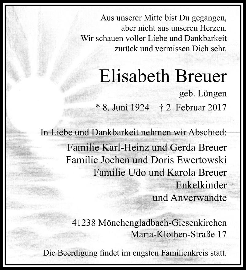  Traueranzeige für Elisabeth Breuer vom 12.02.2017 aus trauer.extra-tipp-moenchengladbach.de