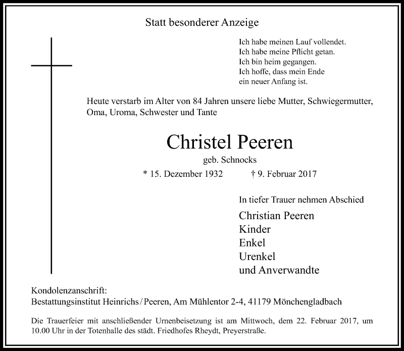  Traueranzeige für Christel Peeren vom 19.02.2017 aus trauer.extra-tipp-moenchengladbach.de