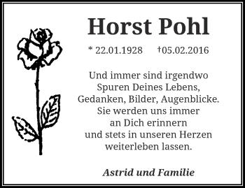 Traueranzeige von Horst Pohl von trauer.wuppertaler-rundschau.de