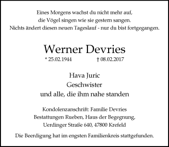 Traueranzeige von Werner Devries von trauer.mein.krefeld.de