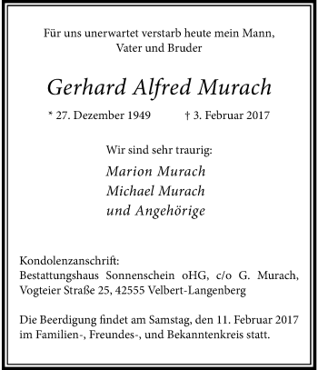 Traueranzeige von Gerhard Alfred Murach von trauer.wuppertaler-rundschau.de