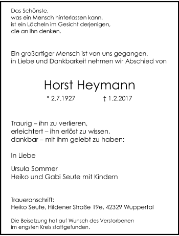 Traueranzeige von Horst Heymann von trauer.wuppertaler-rundschau.de