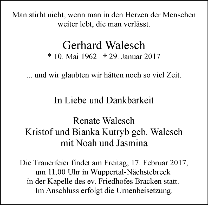  Traueranzeige für Gerhard Walesch vom 11.02.2017 aus trauer.wuppertaler-rundschau.de
