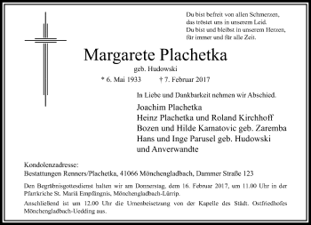 Traueranzeige von Margarete Plachetka von trauer.extra-tipp-moenchengladbach.de