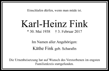 Traueranzeige von Karl-Heinz Fink von trauer.extra-tipp-moenchengladbach.de