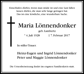 Traueranzeige von Maria Lönnendonker von trauer.extra-tipp-moenchengladbach.de