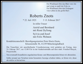 Traueranzeige von Roberts Znots von trauer.extra-tipp-moenchengladbach.de